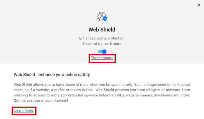 Avast Secure Browser Web Shield Threat report