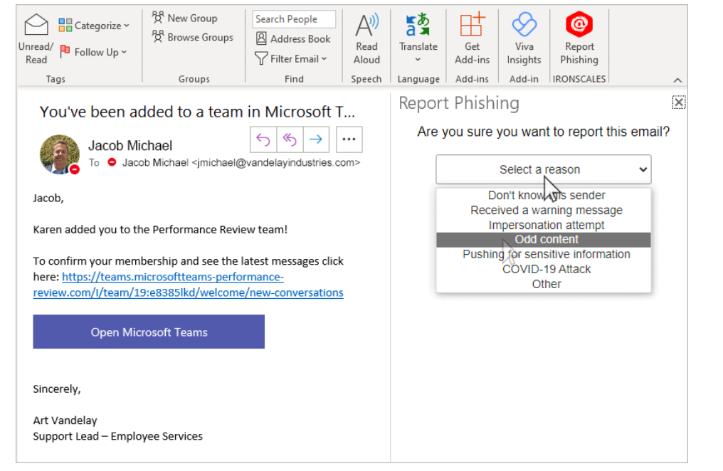 Ironscales Report Phishing Button
