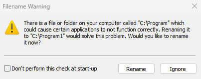 Microsoft Windows Filename Warning Rename Program to Program1