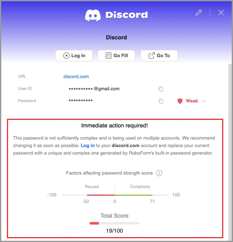 RoboForm security overview weak password details
