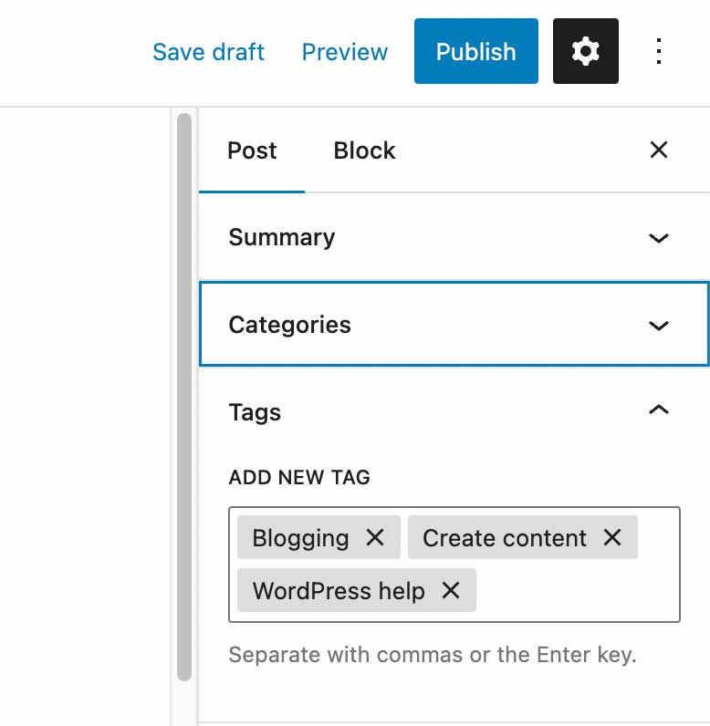 WordPress Gutenberg Add tags to Post
